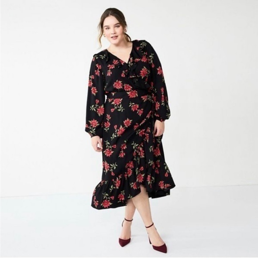 DRAPER JAMES RSVP NWT Long Sleeve Ruffle Midi Wrap Floral Dress - Picture 3 of 7